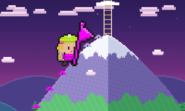 A pixel-art climber carrying The Tech Nation flag up a mountain