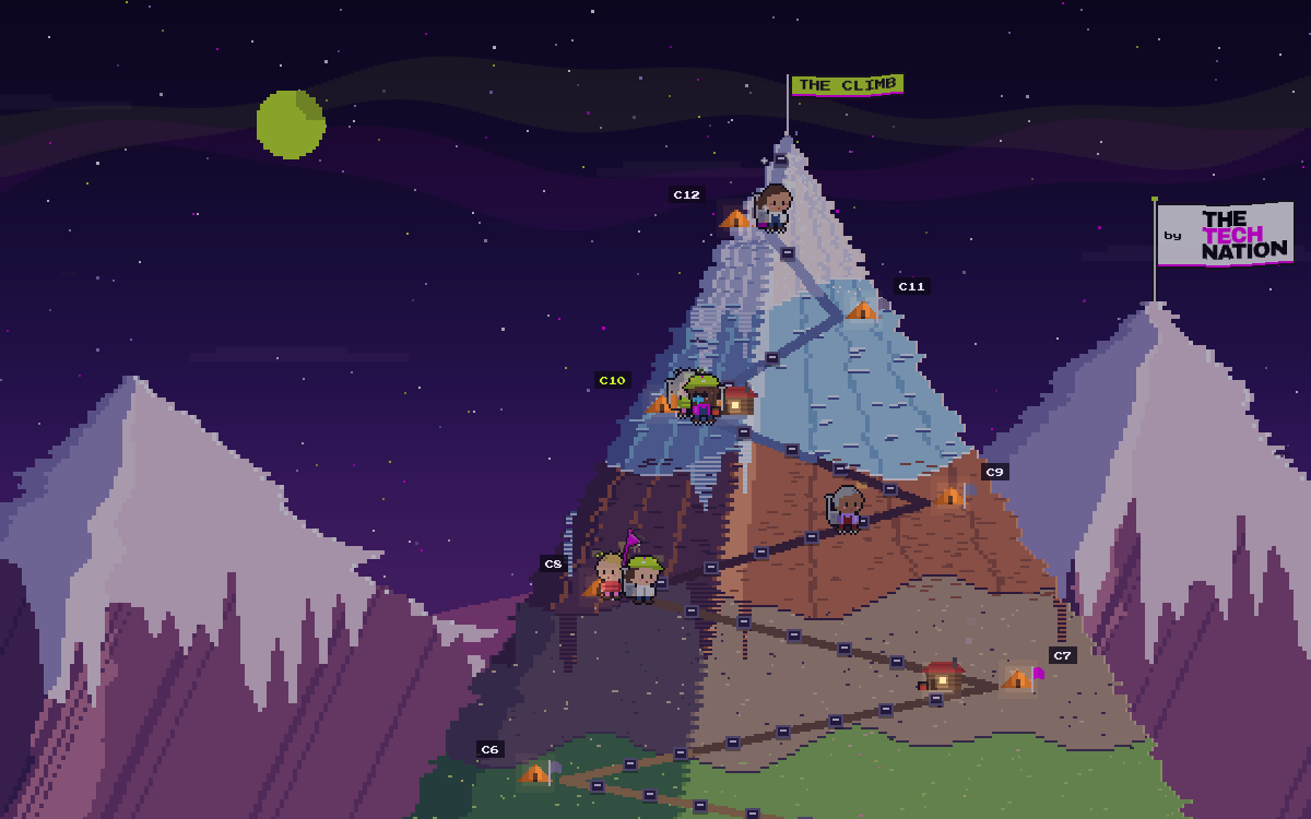 The Climb: a pixel mountain with 12 camps, climbers on the trail and Alti, the mascot, in front